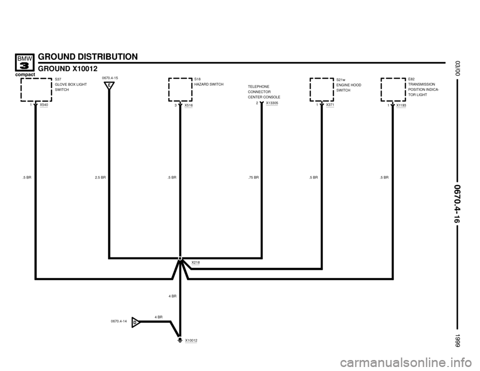 BMW 318ti 1999 E36 Electrical Troubleshooting Manual X5401





.5 BRX371
1S21w
ENGINE HOOD
SWITCH
.5 BRX516
3
S37
GLOVE BOX LIGHT
SWITCHS18
HAZARD SWITCH
1E82
TRANSMISSION
POSITION INDICA-
TOR LIGHT
X1193
 .5 BR
X218
0670.4-144 BR 2.5 