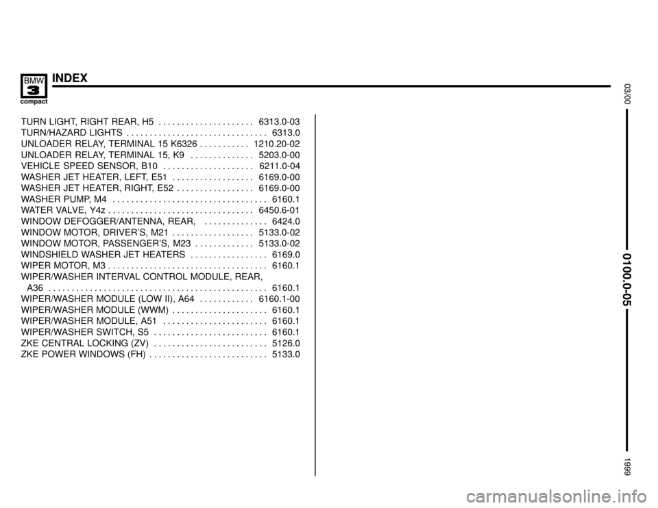 BMW 318ti 1999 E36 Electrical Troubleshooting Manual INDEX



	

TURN LIGHT, RIGHT REAR, H5 6313.0-03. . . . . . . . . . . . . . . . . . . . . 
TURN/HAZARD LIGHTS 6313.0. . . . . . . . . . . . . . . . . . . . . . . . .