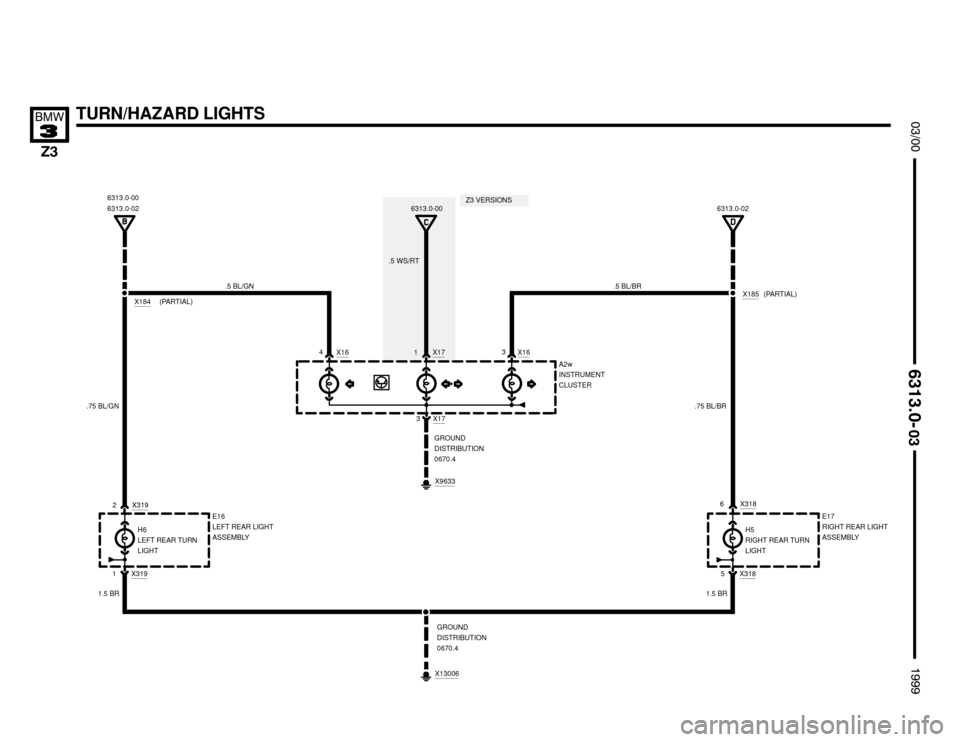 BMW Z3M COUPE 1999 E36 Electrical Troubleshooting Manual 

126
5
X17
TURN/HAZARD LIGHTS




H6
LEFT REAR TURN
LIGHT
GROUND
DISTRIBUTION
0670.4
E16
LEFT REAR LIGHT
ASSEMBLYH5
RIGHT REAR TURN
LIGHTE17
RIGHT REAR LIGHT
ASSEMBLY
X3