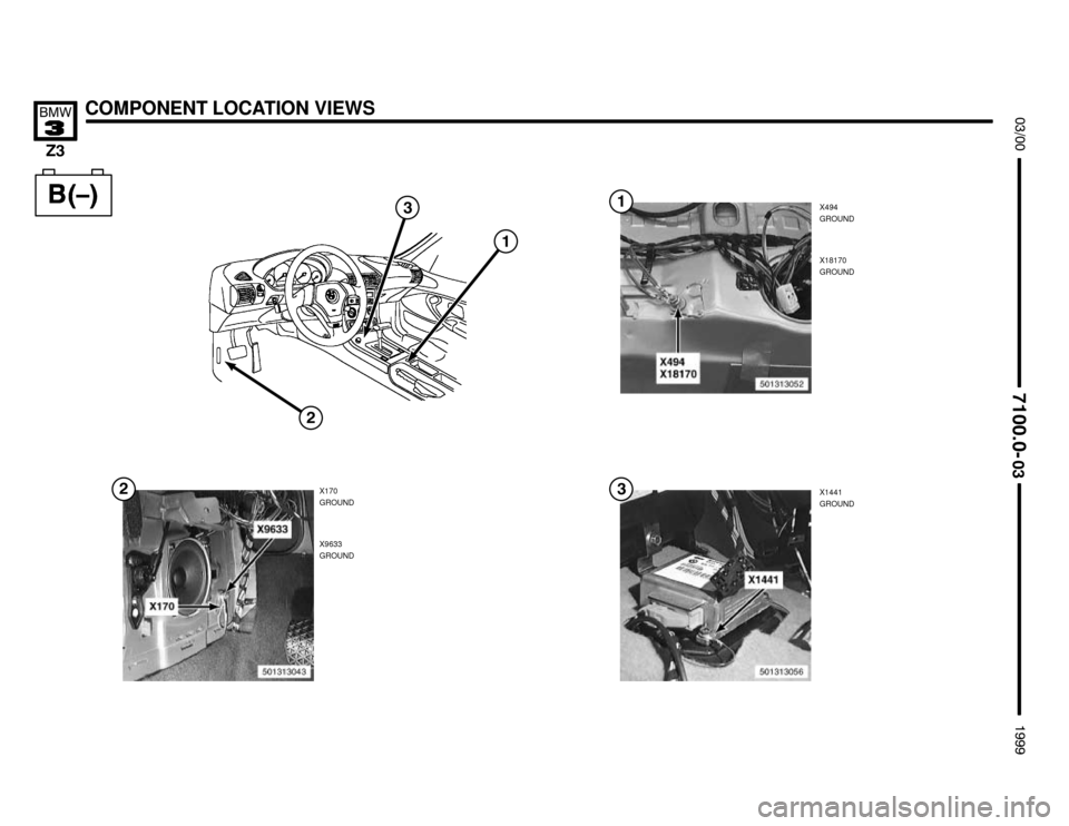 BMW Z3M ROADSTER 1999 E36 Electrical Troubleshooting Manual X494
GROUND
X170
GROUND


COMPONENT LOCATION VIEWS



X9633
GROUNDX18170
GROUND
X1441
GROUND



 