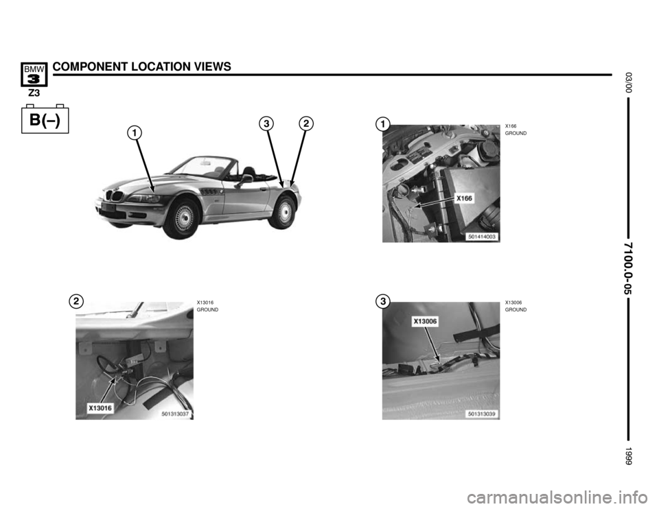 BMW Z3M ROADSTER 1999 E36 Electrical Troubleshooting Manual X13006
GROUND


COMPONENT LOCATION VIEWS


	
X166
GROUND
X13016
GROUND



 