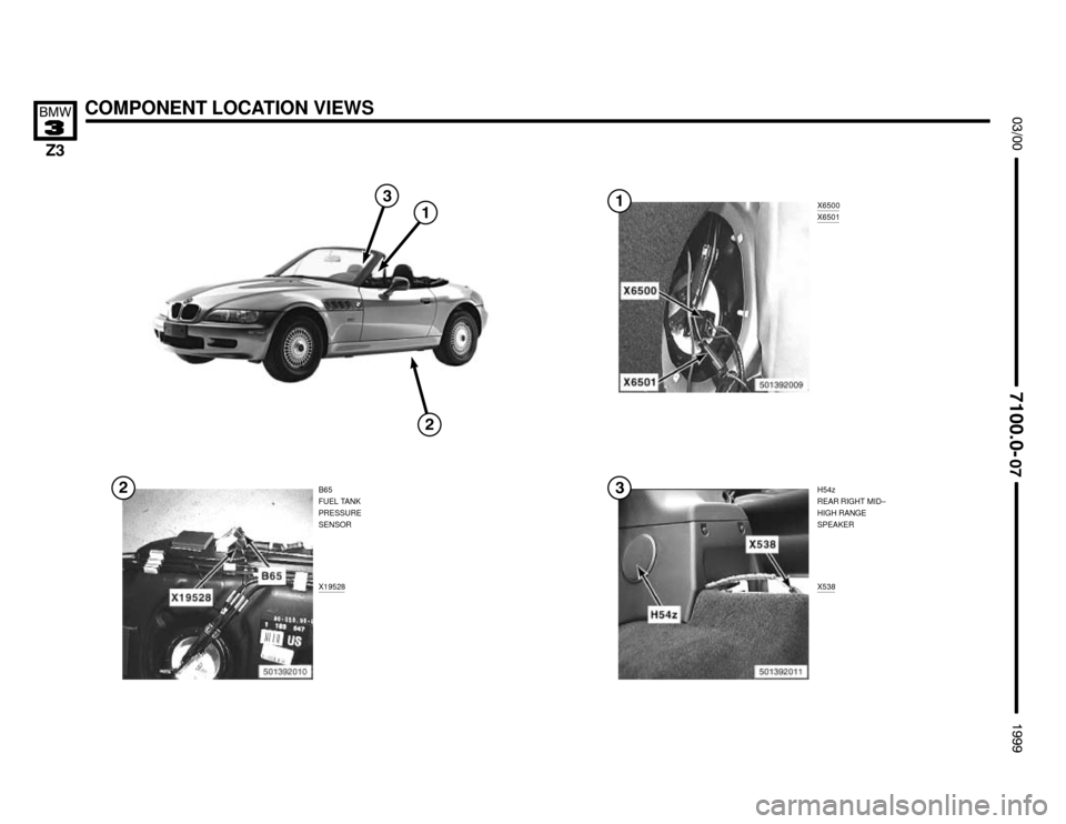 BMW Z3M ROADSTER 1999 E36 Electrical Troubleshooting Manual 

H54z
REAR RIGHT MID–
HIGH RANGE
SPEAKER
X538
COMPONENT LOCATION VIEWS



B65
FUEL TANK
PRESSURE
SENSOR
X19528



X6500X6501 