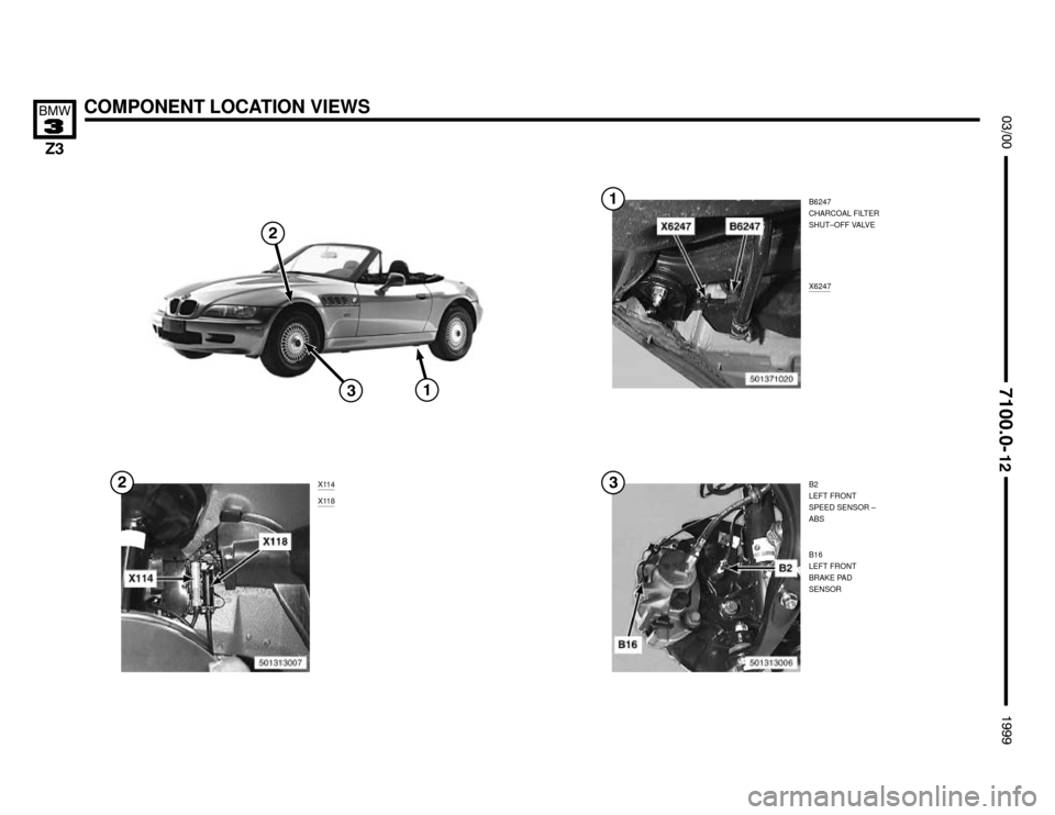 BMW Z3M COUPE 1999 E36 Electrical Troubleshooting Manual B2
LEFT FRONT
SPEED SENSOR –
ABS
B16
LEFT FRONT
BRAKE PAD
SENSOR B6247
CHARCOAL FILTER
SHUT–OFF VALVE
COMPONENT LOCATION VIEWS





X6247
X114
X118



 