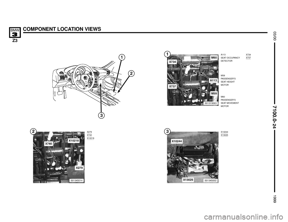 BMW Z3M COUPE 1999 E36 Electrical Troubleshooting Manual A113
SEAT OCCUPANCY
DETECTOR
M59
PASSENGER’S
SEAT HEIGHT
MOTORX734X737
COMPONENT LOCATION VIEWS





M60
PASSENGER’S
SEAT MOVEMENT
MOTOR
X279
X740X10218



X102