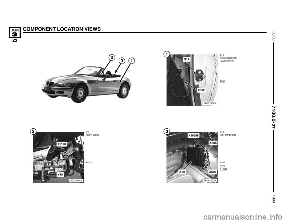 BMW Z3M COUPE 1999 E36 Electrical Troubleshooting Manual S14
DRIVER’S DOOR
JAMB SWITCH
X352
A18
HIFI AMPLIFIER
COMPONENT LOCATION VIEWS



X1178


X605X606X10266

Y19
SHIFT–LOCK 