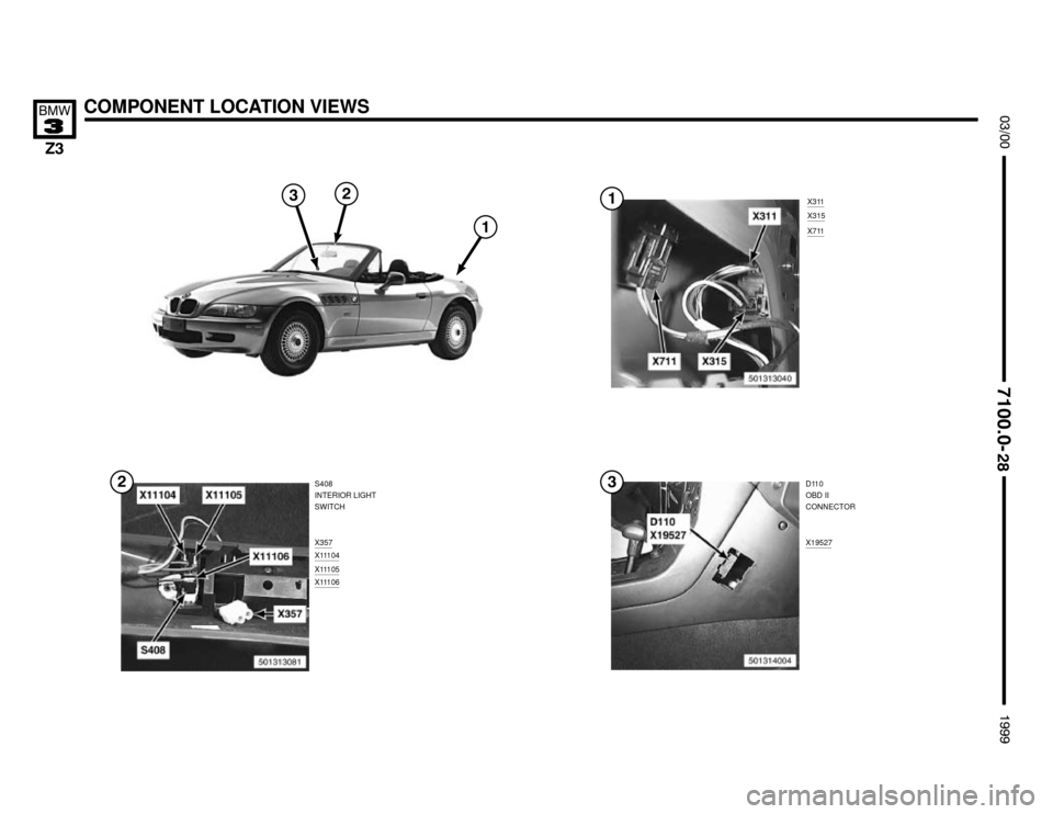 BMW Z3M COUPE 1999 E36 Electrical Troubleshooting Manual X311
COMPONENT LOCATION VIEWS



S408
INTERIOR LIGHT
SWITCH
X357
X11104


X315
X711
X11105X11106




D110
OBD II
CONNECTOR
X19527
 