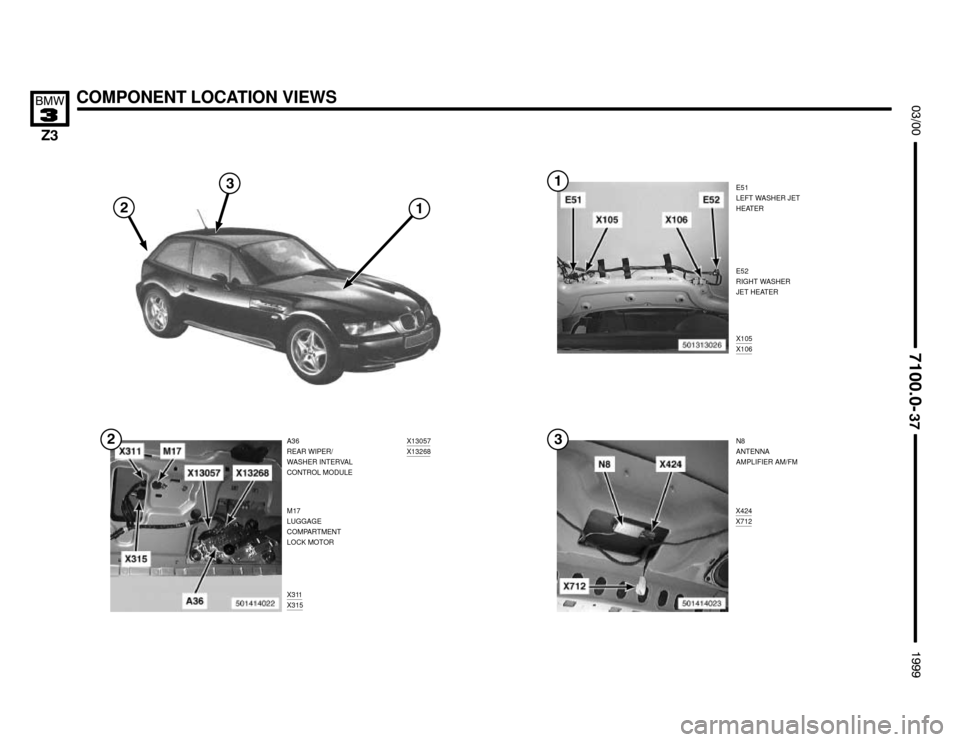 BMW Z3M COUPE 1999 E36 Electrical Troubleshooting Manual 

X424X712
X311X315
COMPONENT LOCATION VIEWS



E51
LEFT WASHER JET
HEATER
A36
REAR WIPER/
WASHER INTERVAL
CONTROL MODULEX105
X106
N8
ANTENNA
AMPLIFIER AM/FM E52
RIGHT W