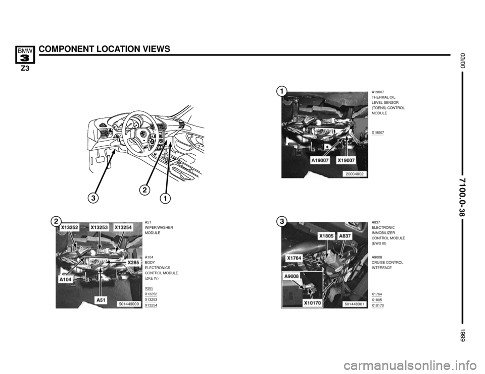 BMW Z3M COUPE 1999 E36 Electrical Troubleshooting Manual 

X1764X1805X10170
X285X13252X13253X13254
COMPONENT LOCATION VIEWS



A19007
THERMAL OIL
LEVEL SENSOR
(TOENS) CONTROL
MODULE
A51
WIPER/WASHER
MODULE

X19007
A837
ELECTR