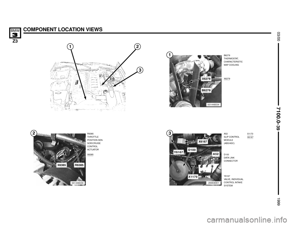 BMW Z3M COUPE 1999 E36 Electrical Troubleshooting Manual 

X6385
COMPONENT LOCATION VIEWS



B6279
THERMOSTAT,
CHARACTERISTIC
MAP COOLING
R6385
THROTTLE
POSITION SEN-
SOR/CRUISE
CONTROL
ACTUATORA52
SLIP CONTROL
MODULE
(ABS/ASC