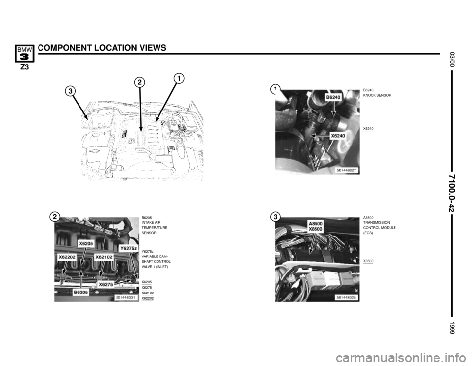 BMW Z3M COUPE 1999 E36 Electrical Troubleshooting Manual 

X6205X6275X62102X62202
COMPONENT LOCATION VIEWS



B6240
KNOCK SENSOR
B6205
INTAKE AIR
TEMPERATURE
SENSORA8500
TRANSMISSION
CONTROL MODULE
(EGS)


Y6275z
VARIABLE CA