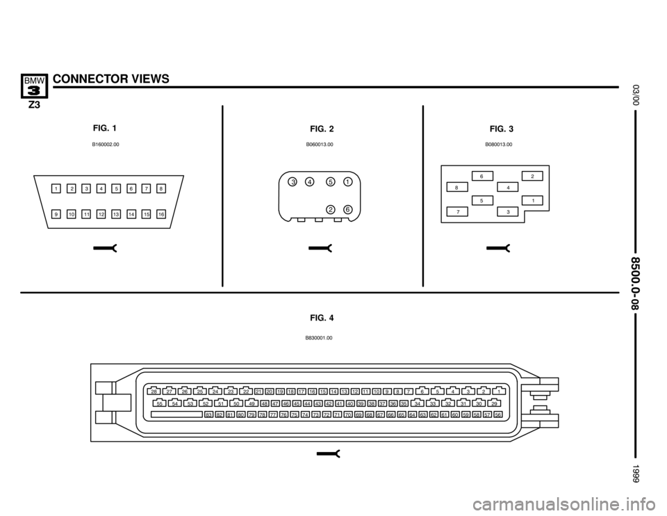 BMW Z3M COUPE 1999 E36 Electrical Troubleshooting Manual 

CONNECTOR VIEWS
	


FIG. 1
FIG. 2
FIG. 4FIG. 3
   

,,
 
 
 
  ,
   
 
,
  