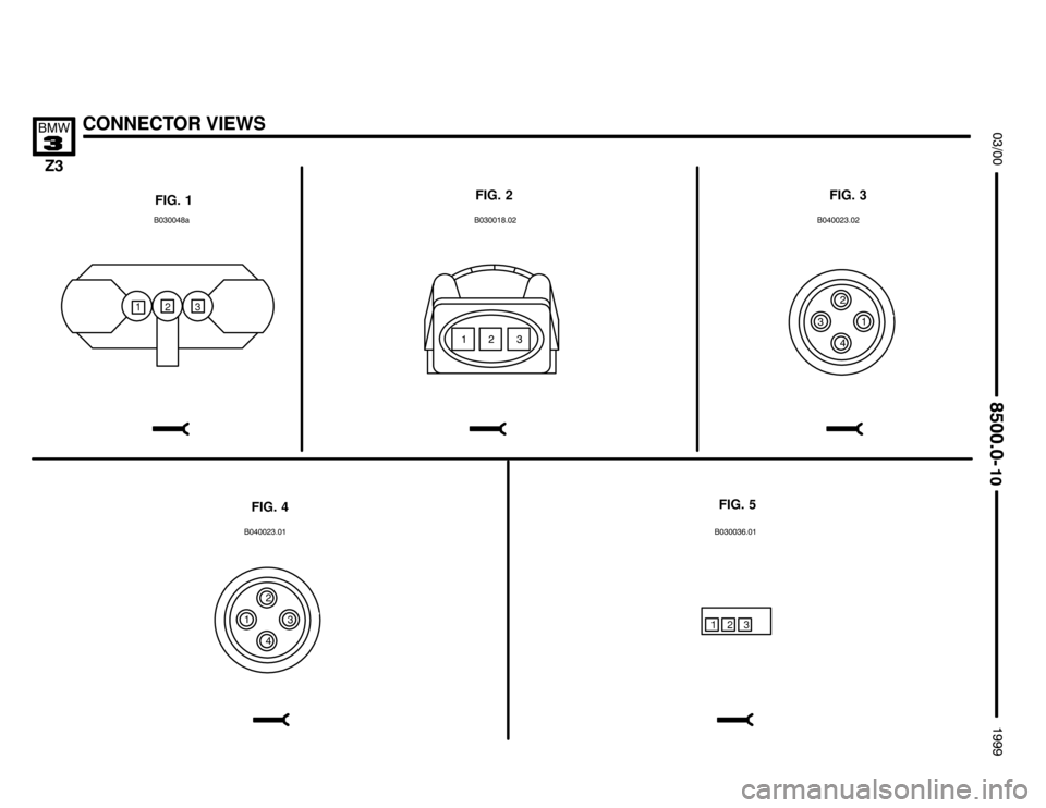 BMW Z3M ROADSTER 1999 E36 Electrical Troubleshooting Manual 

CONNECTOR VIEWS
	


FIG. 1FIG. 2 FIG. 3
FIG. 5
FIG. 4
,
 
,
 


,



3
,
21
-
12 3 