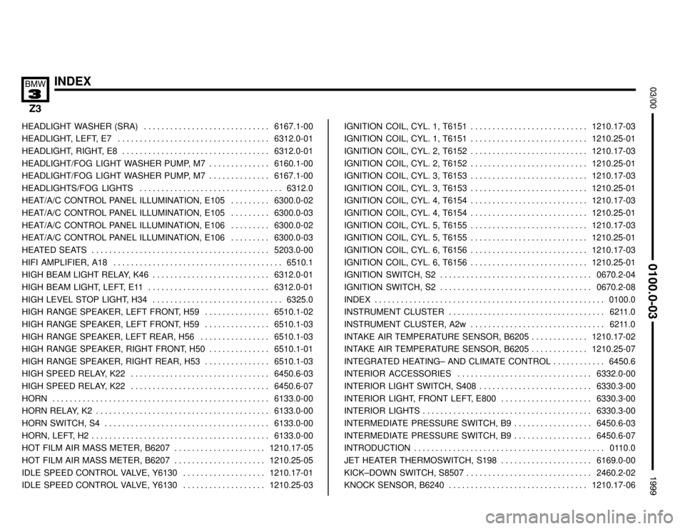 BMW Z3M COUPE 1999 E36 Electrical Troubleshooting Manual INDEX





HEADLIGHT WASHER (SRA) 6167.1-00. . . . . . . . . . . . . . . . . . . . . . . . . . . . . 
HEADLIGHT, LEFT, E7 6312.0-01. . . . . . . . . . . . . . . . . . . 