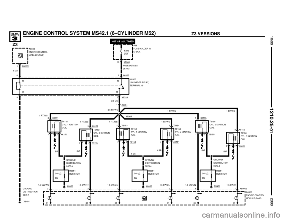 BMW Z3M COUPE 2000 E36 Electrical Troubleshooting Manual 1.5 SW/RT1.5 SW/WS1.5 SW/GE1.5 SW/BL1.5 SW/GN1.5 SW/VI
X6456
32


	


1 3 X6151
X61521
1 RT/WS
1 RT/WS1 RT/WS
3
3 X6152
2 1 9 8 7 X60005
T6151
CYL. 1 IGNITION
COIL
T6152
CYL. 2 IGNITI