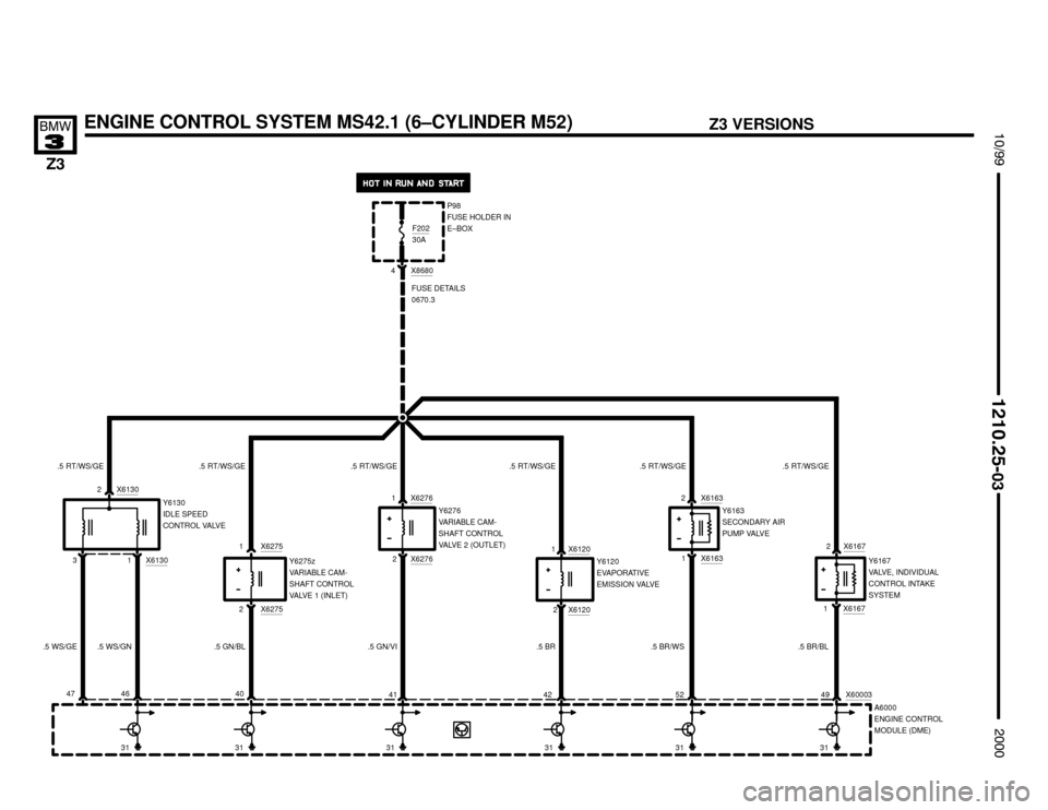 BMW Z3M COUPE 2000 E36 Electrical Troubleshooting Manual 46
4
FUSE DETAILS
0670.3
F20230A
X8680
P98
FUSE HOLDER IN
E–BOX
47


	


32 X6130
X62752
.5 RT/WS/GE
1
40
41 42 52 49 X60003Y6130
IDLE SPEED
CONTROL VALVE
Y6275z
VARIABLE CAM-
SHAFT