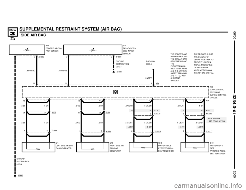 BMW Z3M COUPE 2000 E36 Electrical Troubleshooting Manual .5 RT.5 SW.5 RT.5 SW
910X275910X279


SUPPLEMENTAL RESTRAINT SYSTEM (AIR BAG)
SIDE AIR BAG




A12
SUPPLEMENTAL
RESTRAINT
SYSTEM CONTROL
MODULE
.35 WS/BL
20
G14
LEFT SID
