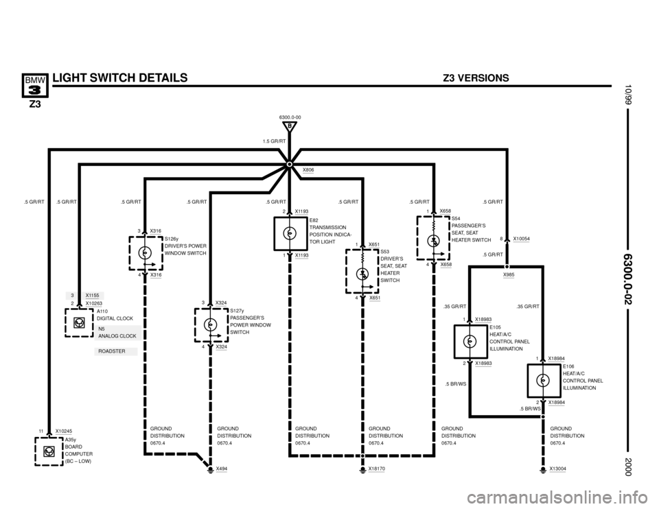 BMW Z3M COUPE 2000 E36 Electrical Troubleshooting Manual 

LIGHT SWITCH DETAILS




E82
TRANSMISSION
POSITION INDICA-
TOR LIGHT .5 GR/RT
1 X1193
2 X1193
4 X651
1 X651S53
DRIVER’S
SEAT, SEAT
HEATER
SWITCH
.5 GR/RT 6300.0-00
X80