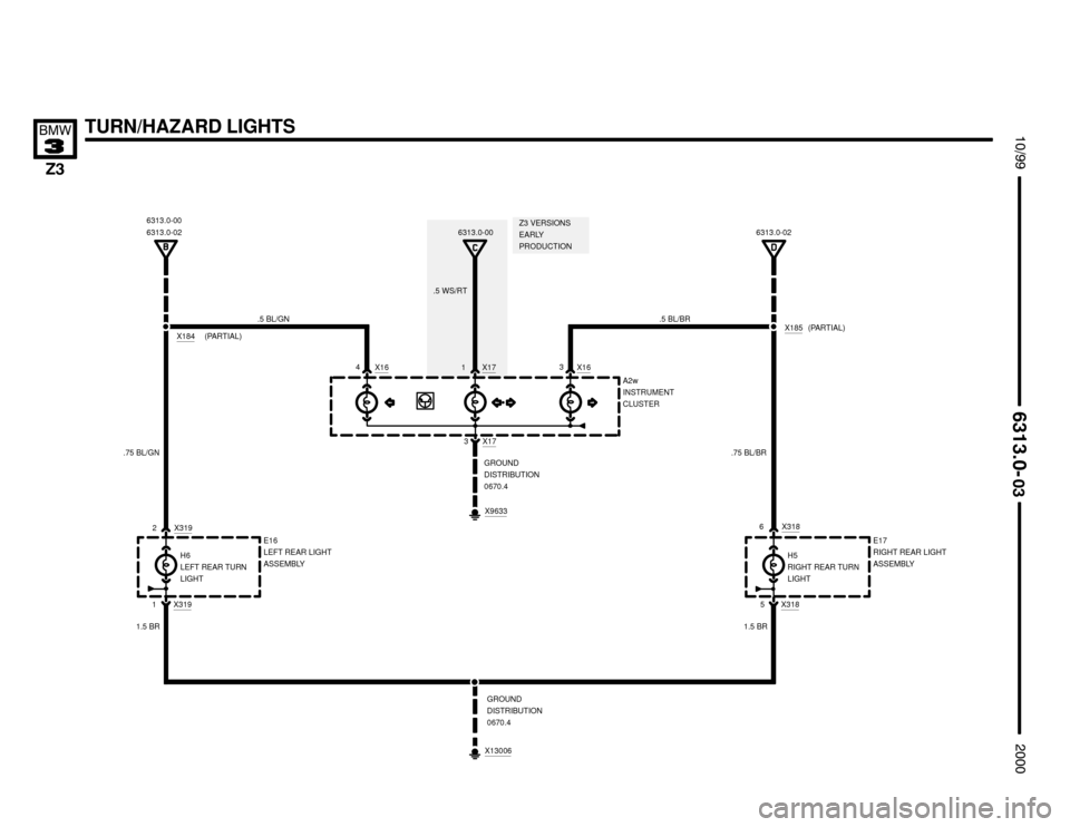 BMW Z3M ROADSTER 2000 E36 Electrical Troubleshooting Manual 

126
5
X17
TURN/HAZARD LIGHTS





H6
LEFT REAR TURN
LIGHT
GROUND
DISTRIBUTION
0670.4
E16
LEFT REAR LIGHT
ASSEMBLYH5
RIGHT REAR TURN
LIGHTE17
RIGHT REAR LIGHT
ASSEMBLY
X3