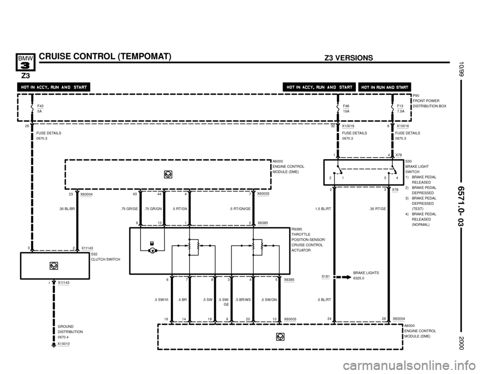 BMW Z3M COUPE 2000 E36 Electrical Troubleshooting Manual 14 16



	


19 10
A6000
ENGINE CONTROL
MODULE (DME) .5 BR


CRUISE CONTROL (TEMPOMAT)
.5 SW/VI .5 SW .5 SW/GN
A6000
ENGINE CONTROL
MODULE (DME)
9
.5 SW/
GE
20
.5 BR/WS
X63