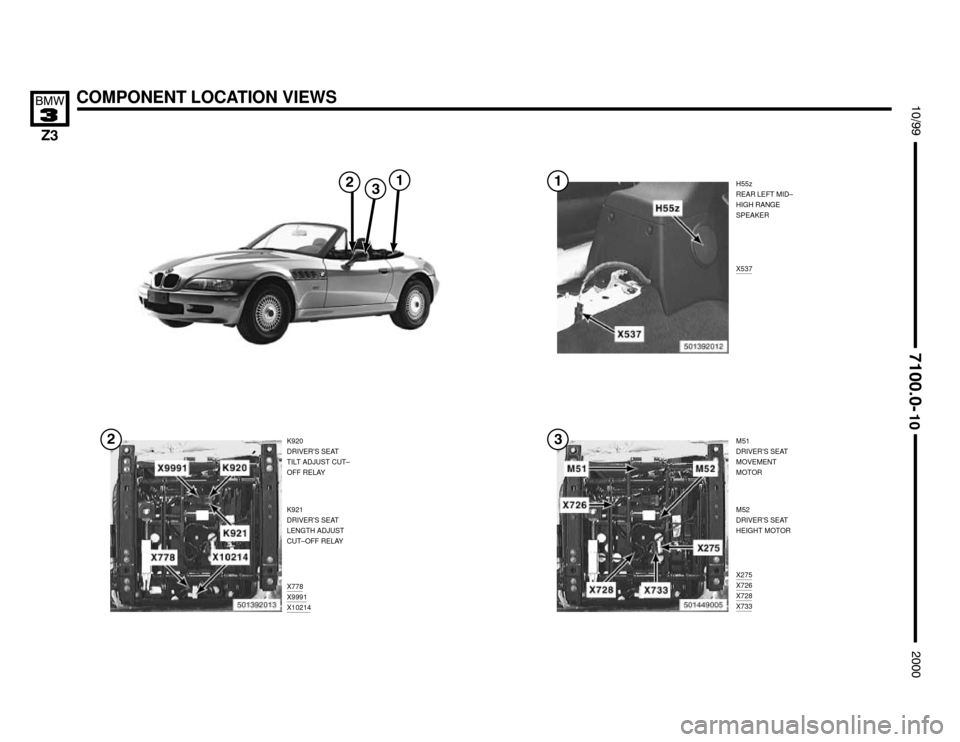 BMW Z3M COUPE 2000 E36 Electrical Troubleshooting Manual 

M51
DRIVER’S SEAT
MOVEMENT
MOTOR
X275
X726X728X733
COMPONENT LOCATION VIEWS




H55z
REAR LEFT MID–
HIGH RANGE
SPEAKER
K920
DRIVER’S SEAT
TILT ADJUST CUT–
OFF R