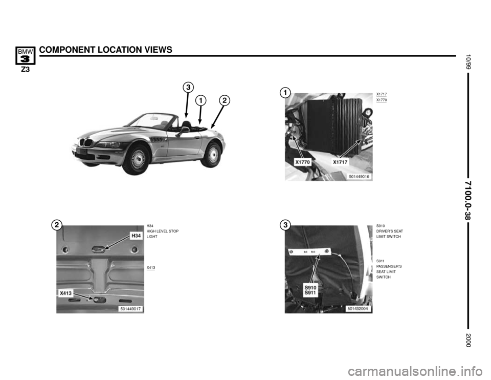 BMW Z3M ROADSTER 2000 E36 Electrical Troubleshooting Manual COMPONENT LOCATION VIEWS




H34
HIGH LEVEL STOP
LIGHT
X413
X1717X1770





S910
DRIVER’S SEAT
LIMIT SWITCH
S911
PASSENGER’S
SEAT LIMIT
SWITCH

 