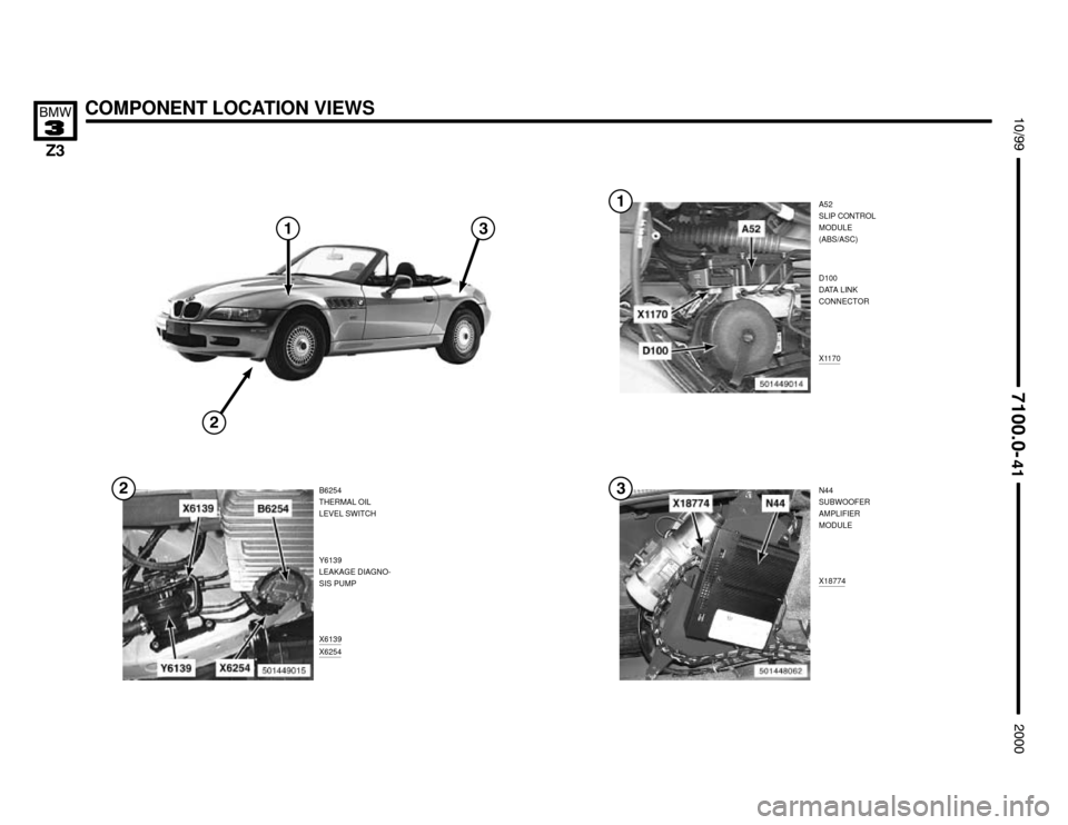 BMW Z3M ROADSTER 2000 E36 Electrical Troubleshooting Manual COMPONENT LOCATION VIEWS




A52
SLIP CONTROL
MODULE
(ABS/ASC)
B6254
THERMAL OIL
LEVEL SWITCH
X6139
X6254
X1170



X18774
N44
SUBWOOFER
AMPLIFIER
MODULE


D100
DATA LI