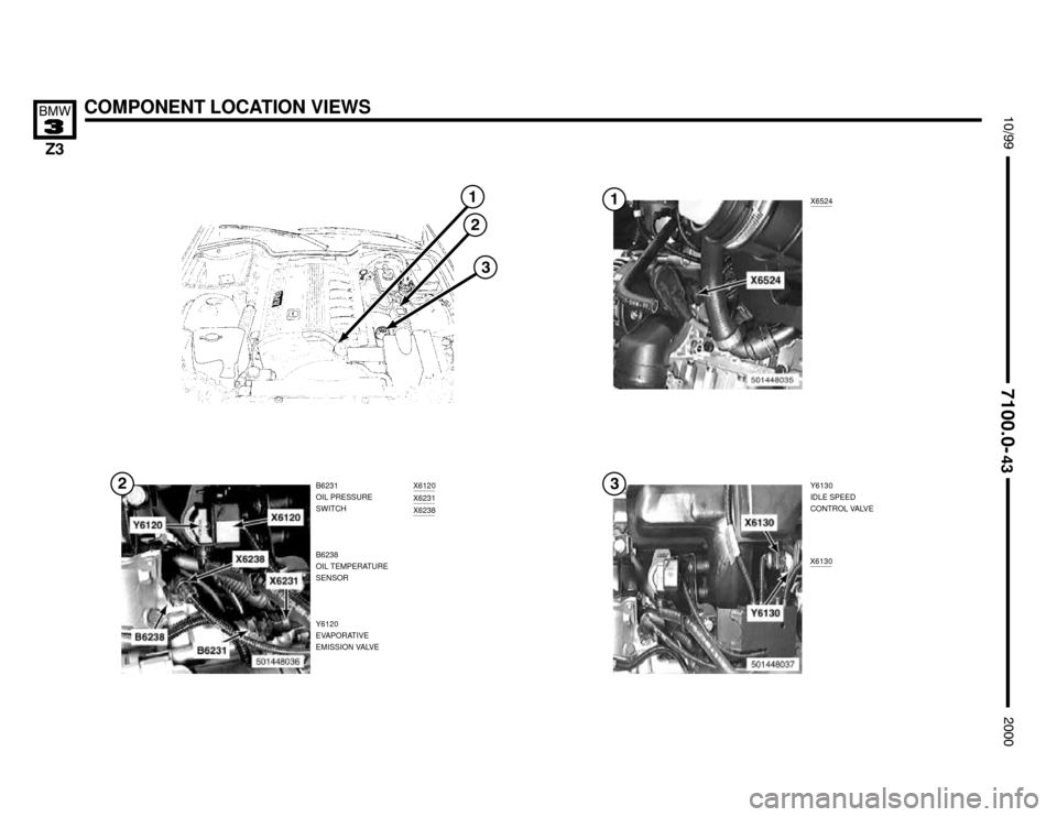 BMW Z3M COUPE 2000 E36 Electrical Troubleshooting Manual X6524


X6130
X6120X6231X6238
COMPONENT LOCATION VIEWS




B6231
OIL PRESSURE
SWITCH

Y6130
IDLE SPEED
CONTROL VALVE


B6238
OIL TEMPERATURE
SENSOR
Y6120
EVAPORATIVE
E