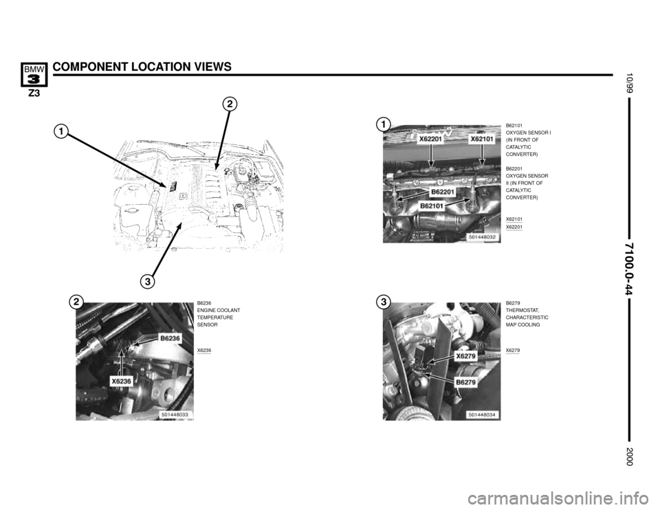 BMW Z3M COUPE 2000 E36 Electrical Troubleshooting Manual B62101
OXYGEN SENSOR I
(IN FRONT OF
CATALYTIC
CONVERTER)
X62101
X62201


X6279X6236
COMPONENT LOCATION VIEWS




B6236
ENGINE COOLANT
TEMPERATURE
SENSOR

B6279
THERMOSTA