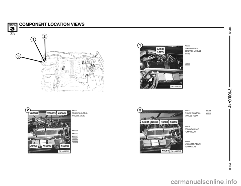 BMW Z3M COUPE 2000 E36 Electrical Troubleshooting Manual A8500
TRANSMISSION
CONTROL MODULE
(EGS)
X8500


X60001X60002X60003X60004X60005
COMPONENT LOCATION VIEWS




A6000
ENGINE CONTROL
MODULE (DME)K6300
ENGINE CONTROL
MODULE R