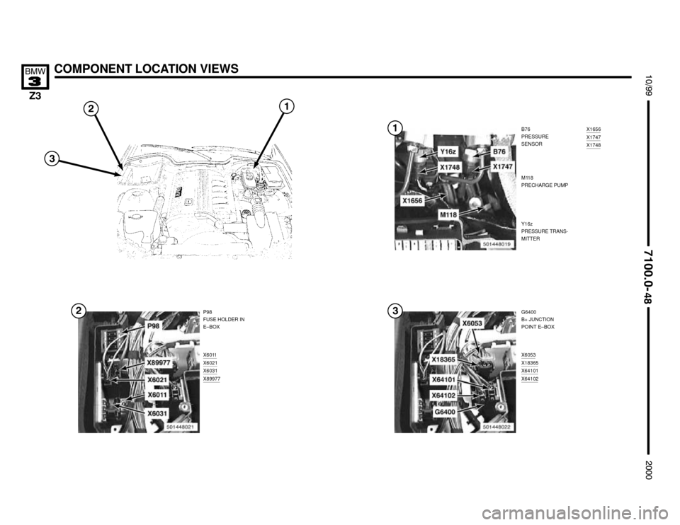 BMW Z3M COUPE 2000 E36 Electrical Troubleshooting Manual B76
PRESSURE
SENSORX1656X1747X1748


X6011X6021X6031X89977
COMPONENT LOCATION VIEWS




P98
FUSE HOLDER IN
E–BOXG6400
B+ JUNCTION
POINT E–BOX


X6053X18365X64101X64