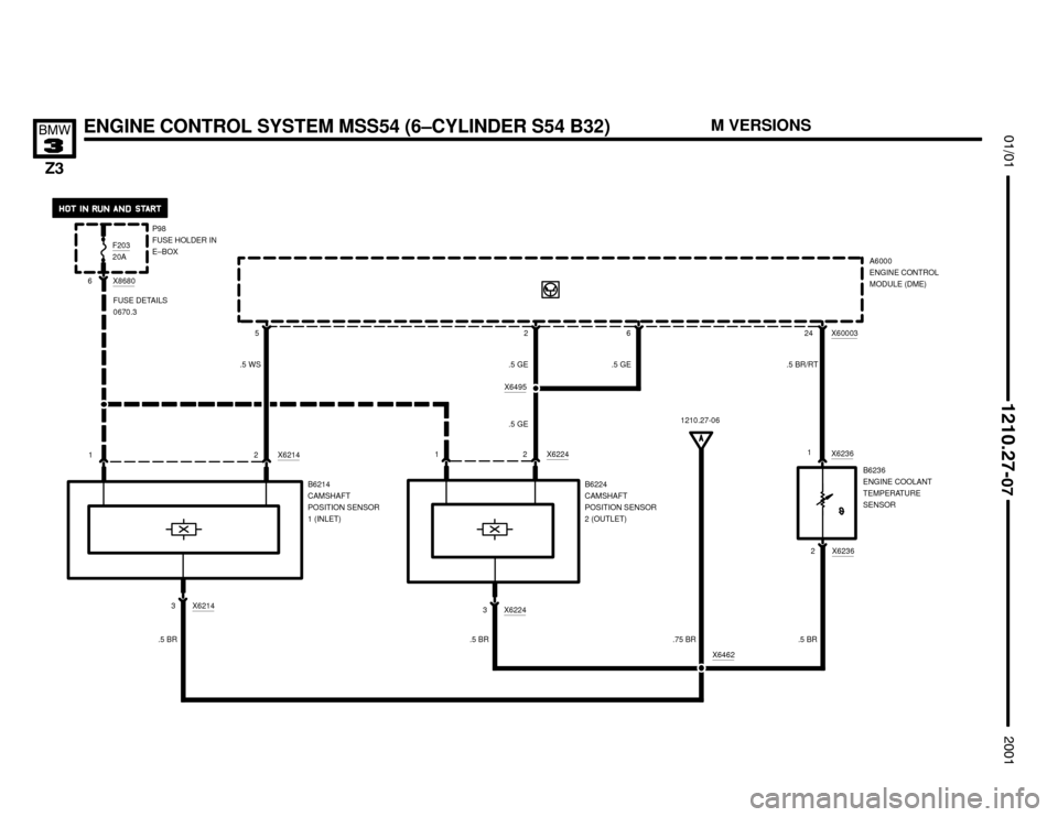 BMW Z3M COUPE 2001 E36 Electrical Troubleshooting Manual P98
FUSE HOLDER IN
E–BOX


ENGINE CONTROL SYSTEM MSS54 (6–CYLINDER S54 B32)



A6000
ENGINE CONTROL
MODULE (DME)
25
B6214
CAMSHAFT
POSITION SENSOR
1 (INLET)
1
X8680