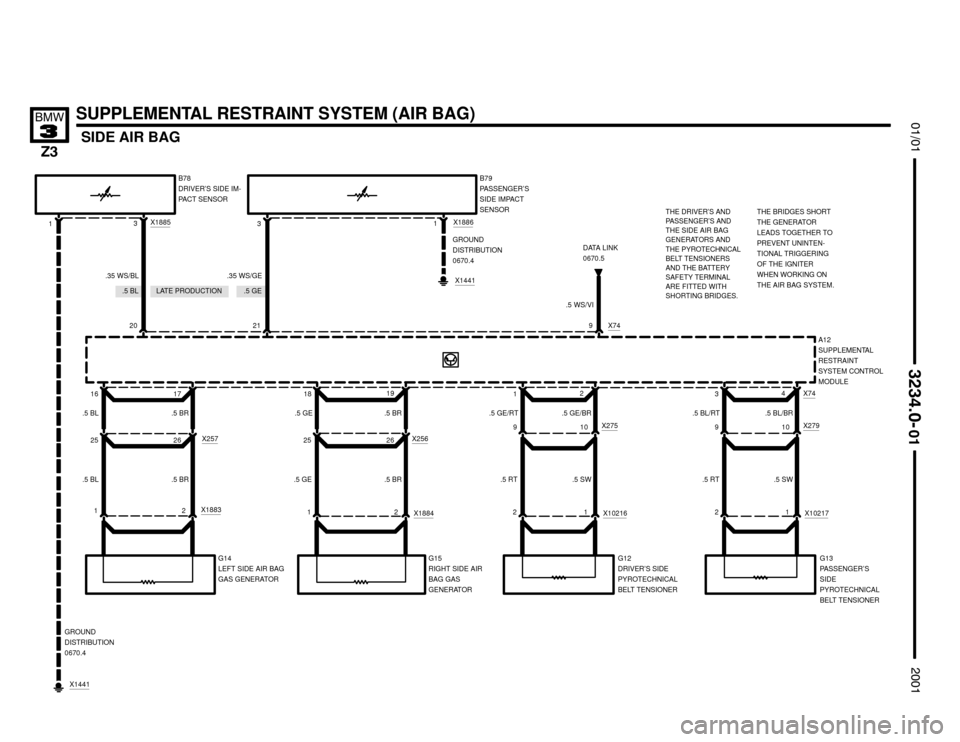 BMW Z3M COUPE 2001 E36 Electrical Troubleshooting Manual .5 BL.5 GE


SUPPLEMENTAL RESTRAINT SYSTEM (AIR BAG)
SIDE AIR BAG




A12
SUPPLEMENTAL
RESTRAINT
SYSTEM CONTROL
MODULE
.35 WS/BL
20
G14
LEFT SIDE AIR BAG
GAS GENERATOR
1