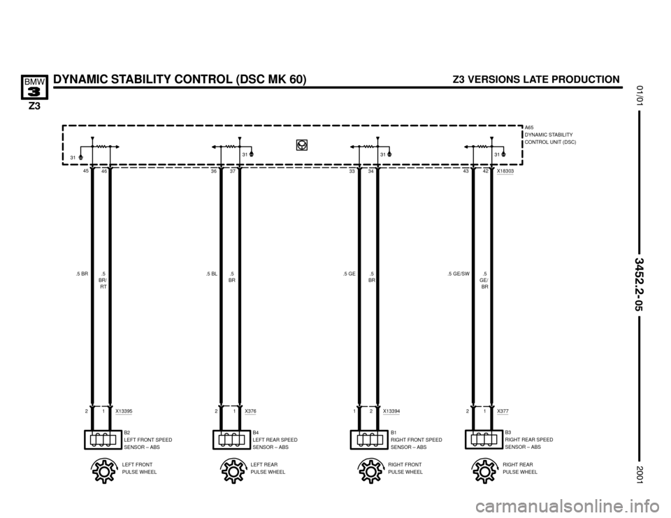 BMW Z3M COUPE 2001 E36 Electrical Troubleshooting Manual 

DYNAMIC STABILITY CONTROL (DSC MK 60)
	

	
4546363733344342 X18303
12 X1339521 X37621 X1339421 X377
B2
LEFT FRONT SPEED
SENSOR – ABSB4
LEFT REAR SPEED
SENSOR – ABSB1