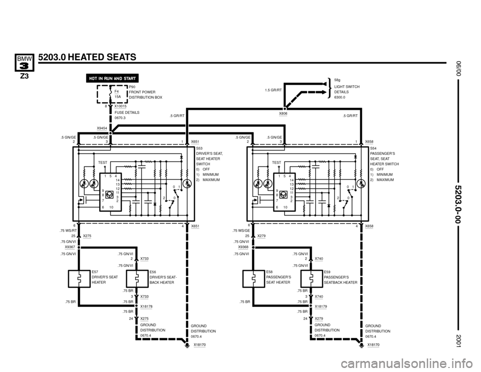 BMW Z3M ROADSTER 2001 E36 Electrical Troubleshooting Manual 5203.0 HEATED SEATS

X9454
GROUND
DISTRIBUTION
0670.4
4


	


P90
FRONT POWER
DISTRIBUTION BOXLIGHT SWITCH
DETAILS
6300.0
X100158
FUSE DETAILS
0670.3
6
X651
10 TEST
9
8
7
