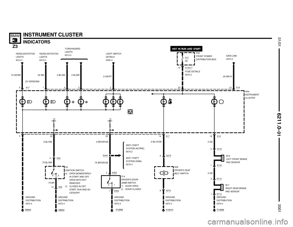 BMW Z3M COUPE 2001 E36 Electrical Troubleshooting Manual 

INDICATORS





INSTRUMENT CLUSTER
3
GROUND
DISTRIBUTION
0670.4A2w
INSTRUMENT
CLUSTER
HEADLIGHTS/FOG
LIGHTS
6312.0TURN/HAZARD
LIGHTS
6313.0LIGHT SWITCH
DETAILS
6300.0
.