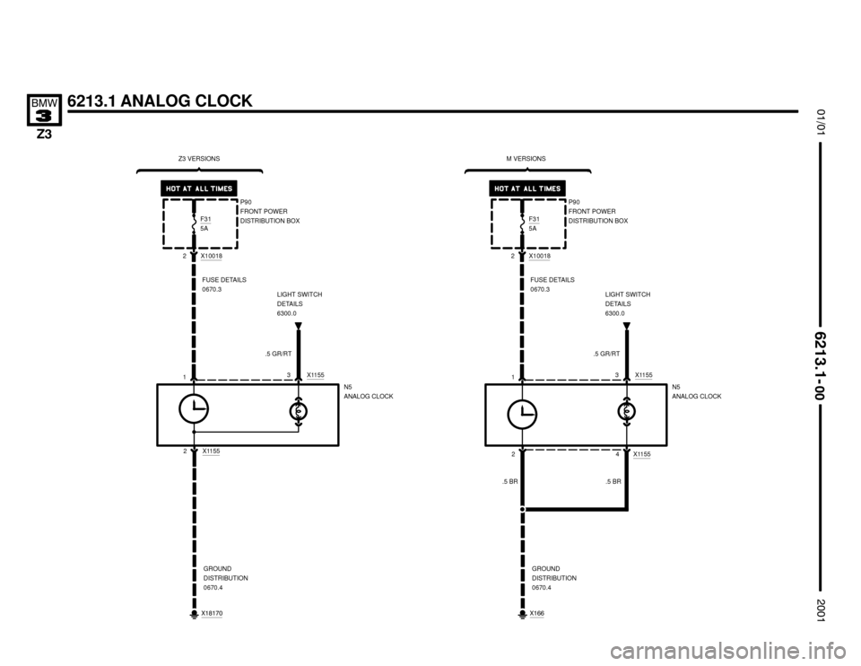 BMW Z3M ROADSTER 2001 E36 Electrical Troubleshooting Manual 

6213.1 ANALOG CLOCK




X11552P90
FRONT POWER
DISTRIBUTION BOX
N5
ANALOG CLOCK X1155
3
GROUND
DISTRIBUTION
0670.4
.5 GR/RT
LIGHT SWITCH
DETAILS
6300.0
1FUSE DETAILS
067