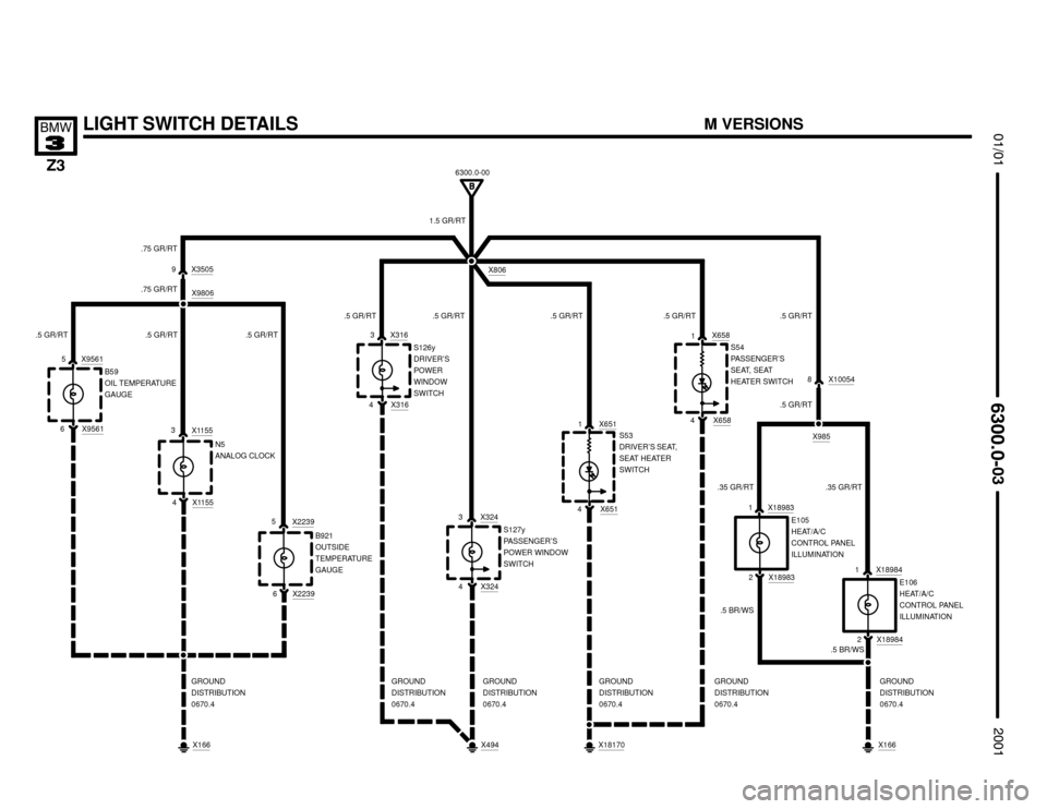 BMW Z3M ROADSTER 2001 E36 Electrical Troubleshooting Manual 

LIGHT SWITCH DETAILS




4 X651
1 X651S53
DRIVER’S SEAT,
SEAT HEATER
SWITCH
.5 GR/RT 6300.0-00
X806
1.5 GR/RT
.75 GR/RT
.5 GR/RT
X18170
4 X658
1X658S54
PASSENGER’S
