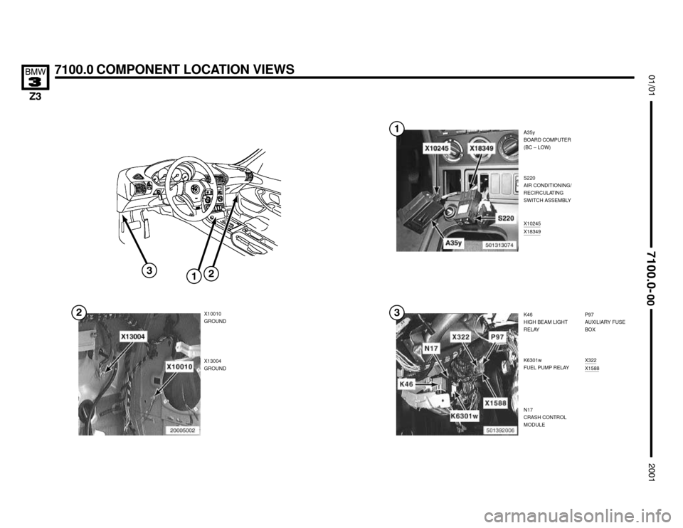 BMW Z3M COUPE 2001 E36 Electrical Troubleshooting Manual A35y
BOARD COMPUTER
(BC – LOW)
X10010
GROUND


7100.0 COMPONENT LOCATION VIEWS



X13004
GROUNDS220
AIR CONDITIONING/
RECIRCULATING
SWITCH ASSEMBLY
K46
HIGH BEAM LIGHT