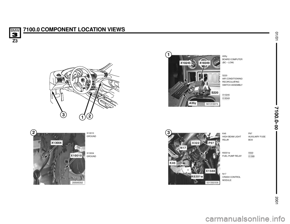 BMW Z3M ROADSTER 2001 E36 Electrical Troubleshooting Manual A35y
BOARD COMPUTER
(BC – LOW)
X10010
GROUND


7100.0 COMPONENT LOCATION VIEWS



X13004
GROUNDS220
AIR CONDITIONING/
RECIRCULATING
SWITCH ASSEMBLY
K46
HIGH BEAM LIGHT