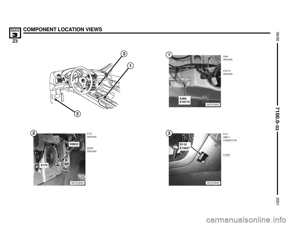 BMW Z3M ROADSTER 2001 E36 Electrical Troubleshooting Manual X494
GROUND
X170
GROUND


COMPONENT LOCATION VIEWS




X9633
GROUNDX18170
GROUND
D110
OBD II
CONNECTOR




X19527

 