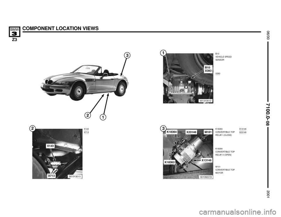 BMW Z3M COUPE 2001 E36 Electrical Troubleshooting Manual K18363
CONVERTIBLE TOP
RELAY I (CLOSE)


X13146X23146
COMPONENT LOCATION VIEWS




B10
VEHICLE SPEED
SENSOR

X383



K18364
CONVERTIBLE TOP
RELAY II (OPEN)
M101
CONVE