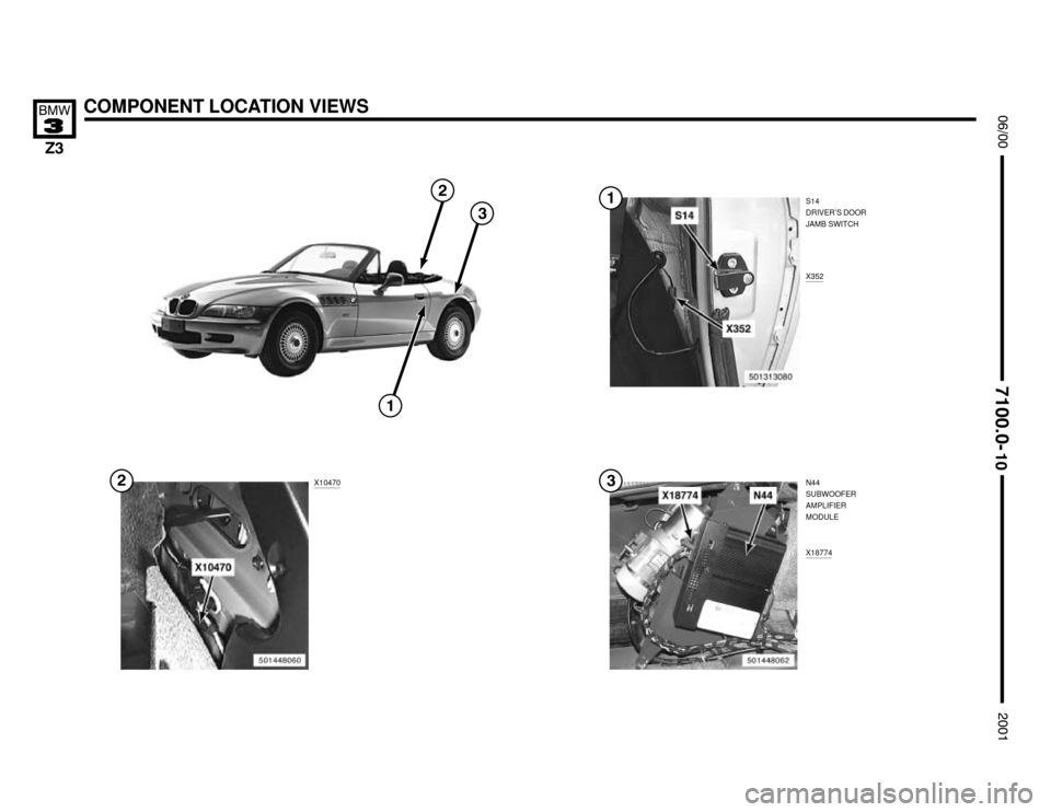 BMW Z3M COUPE 2001 E36 Electrical Troubleshooting Manual 

N44
SUBWOOFER
AMPLIFIER
MODULE
X18774
COMPONENT LOCATION VIEWS




S14
DRIVER’S DOOR
JAMB SWITCH
X352
X10470



 