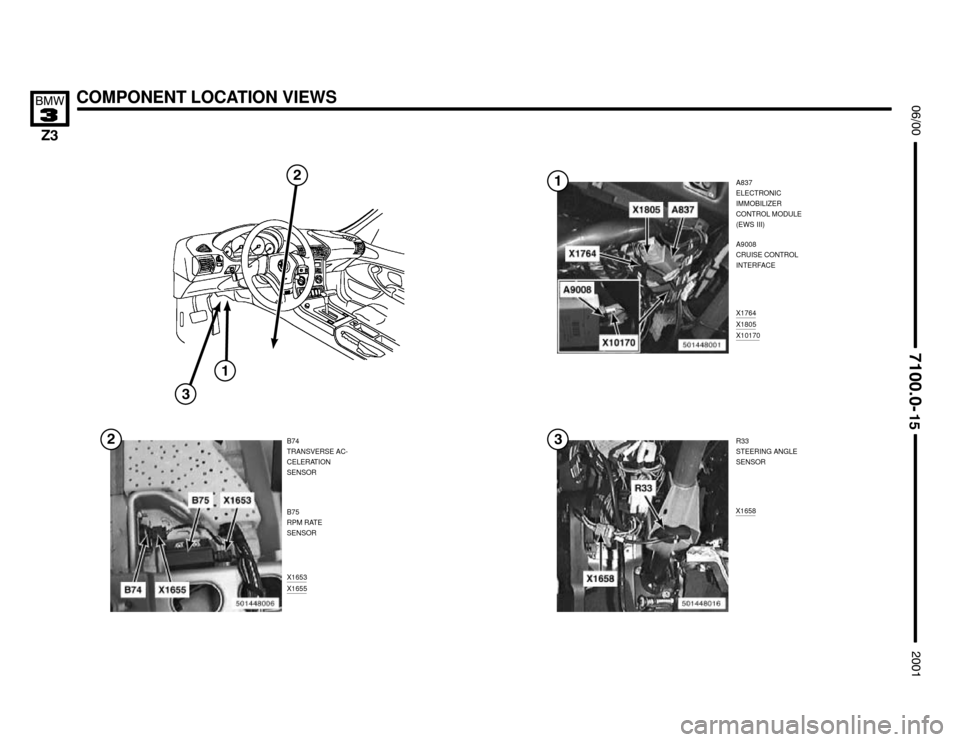 BMW Z3M COUPE 2001 E36 Electrical Troubleshooting Manual 

X1658
X1653X1655
COMPONENT LOCATION VIEWS



	
A837
ELECTRONIC
IMMOBILIZER
CONTROL MODULE
(EWS III)
B74
TRANSVERSE AC-
CELERATION
SENSOR

X1764X1805X10170
R33
STEERING 