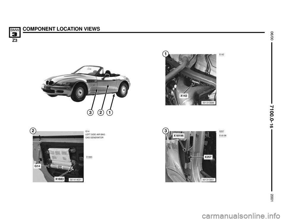 BMW Z3M COUPE 2001 E36 Electrical Troubleshooting Manual X1883
X142
COMPONENT LOCATION VIEWS





G14
LEFT SIDE AIR BAG
GAS GENERATORX257
X18196





 