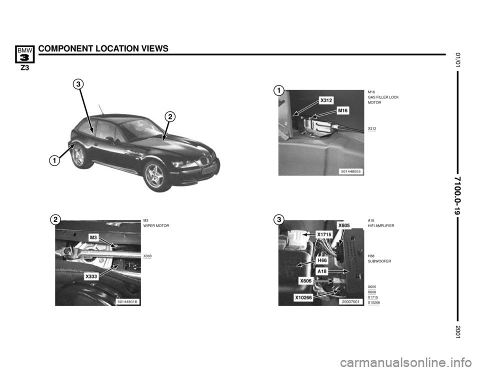 BMW Z3M COUPE 2001 E36 Electrical Troubleshooting Manual 

X605X606X1715X10266
X333
COMPONENT LOCATION VIEWS



M16
GAS FILLER LOCK
MOTOR
M3
WIPER MOTORX312
A18
HIFI AMPLIFIER


H66
SUBWOOFER



 
