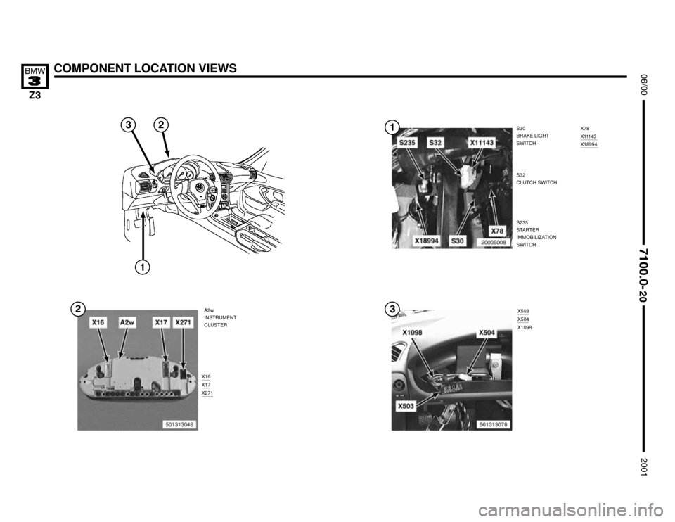 BMW Z3M COUPE 2001 E36 Electrical Troubleshooting Manual X78X11143 X18994 


X16
COMPONENT LOCATION VIEWS




X17X271
X503X504X1098
A2w
INSTRUMENT
CLUSTERS30
BRAKE LIGHT
SWITCH


S32
CLUTCH SWITCH

S235
STARTER
IMMOBILIZAT