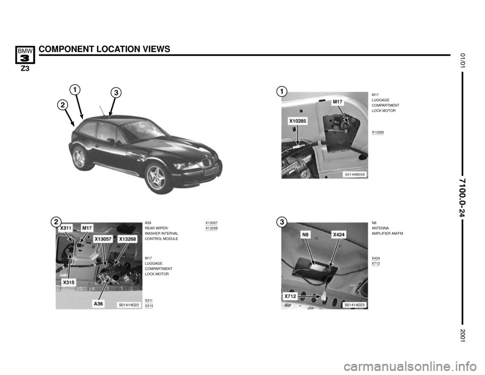 BMW Z3M COUPE 2001 E36 Electrical Troubleshooting Manual 

X424X712
X311X315
COMPONENT LOCATION VIEWS



M17
LUGGAGE
COMPARTMENT
LOCK MOTOR
A36
REAR WIPER/
WASHER INTERVAL
CONTROL MODULEX10285
N8
ANTENNA
AMPLIFIER AM/FM
M17
LU