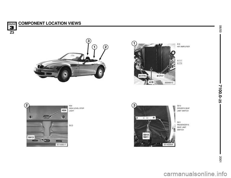 BMW Z3M ROADSTER 2001 E36 Electrical Troubleshooting Manual A18
HIFI AMPLIFIER
COMPONENT LOCATION VIEWS



	
H34
HIGH LEVEL STOP
LIGHT
X413
X1717X1770





S910
DRIVER’S SEAT
LIMIT SWITCH
S911
PASSENGER’S
SEAT LIMIT
SWITCH