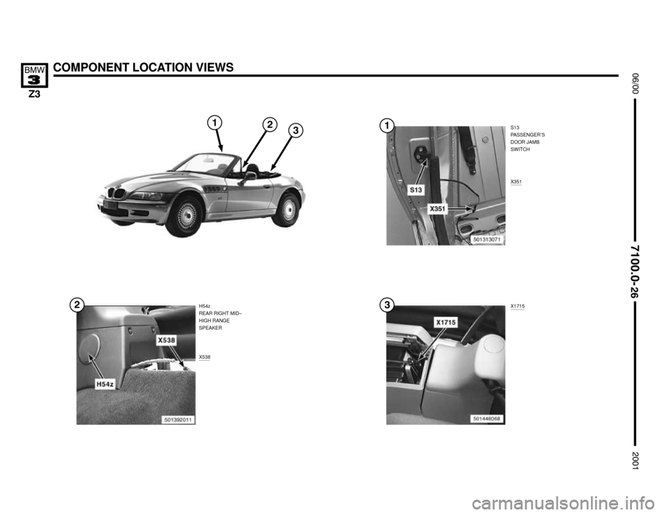 BMW Z3M COUPE 2001 E36 Electrical Troubleshooting Manual H54z
REAR RIGHT MID–
HIGH RANGE
SPEAKER
COMPONENT LOCATION VIEWS





S13
PASSENGER’S
DOOR JAMB
SWITCH
X351
X538
X1715



 