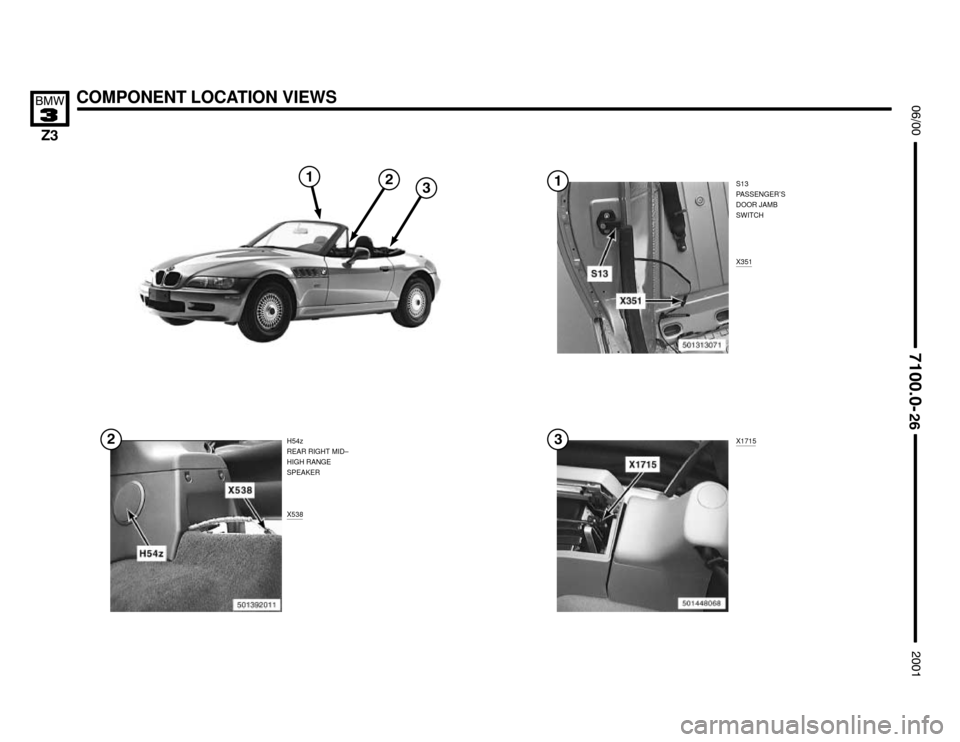 BMW Z3M ROADSTER 2001 E36 Electrical Troubleshooting Manual H54z
REAR RIGHT MID–
HIGH RANGE
SPEAKER
COMPONENT LOCATION VIEWS





S13
PASSENGER’S
DOOR JAMB
SWITCH
X351
X538
X1715



 